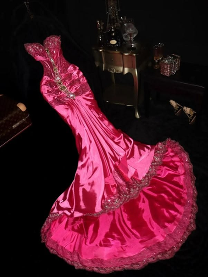 ✨Girlhomeshops-Fuchsia Rhinestone Beaded Satin Mermaid Prom Dress gh10171