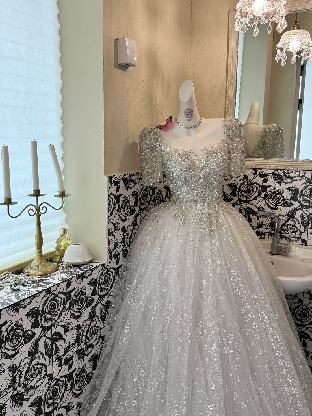 Ivory Wedding Dress with Silver Sequin Decorations, Fairy Princess Full Skirt Romantic Gown, Bridal Gown gh7525