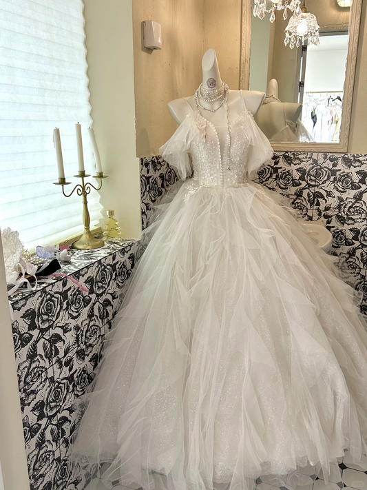 Ivory Spaghetti Strap Off-the-Shoulder Waist-Cinched Voluminous Princess Skirt Long Romantic Dress, Wedding Gown gh7722