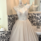Ivory Spaghetti Strap Waist-Cinched Beaded Embroidered Elegant Long Romantic Dress, Wedding Gown gh7514