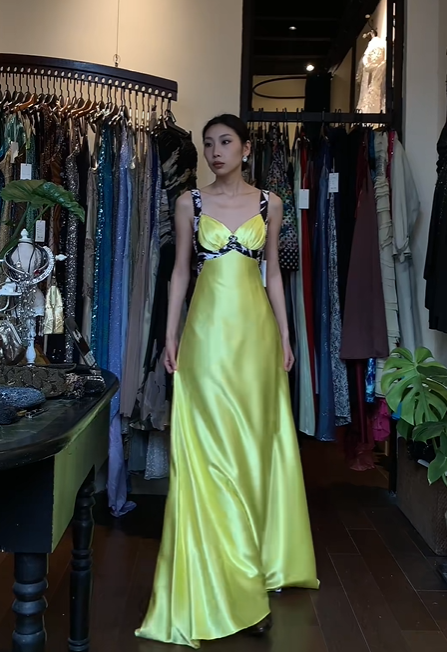 Lemon Yellow Sweetheart Neck Long Formal Gown Printed Wide Strap Satin A-Line Evening Dress gh9665