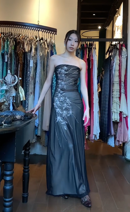 Strapless Black Tulle Evening Gown Silver Floral Beaded Embroidery Ruched Long Prom Dress gh9690
