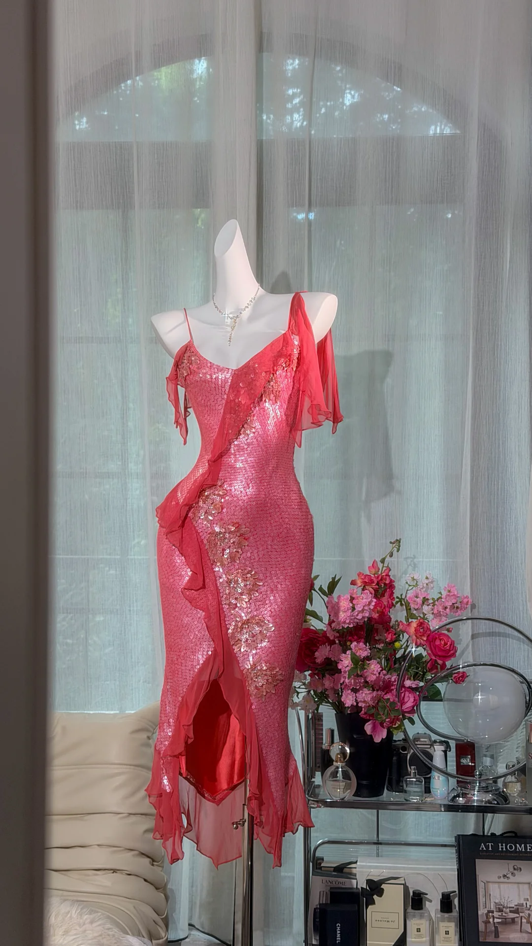 Hot Pink Sequin Spaghetti Strap Mermaid Prom Dress, Irregular Ruffle Slit Evening Gown with Floral Appliques gh9500