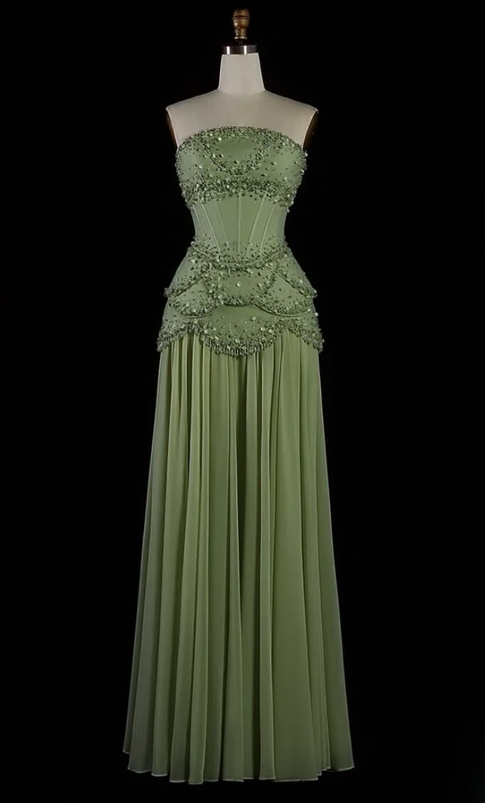 ✨Girlhomeshops-Strapless Sage Green Boned Corset Beaded Chiffon Long Prom Gown gh10232