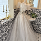 White Puff Sleeve Square Neck Waist-Cinched Full Flared Long Romantic Dress, Wedding Gown gh7678