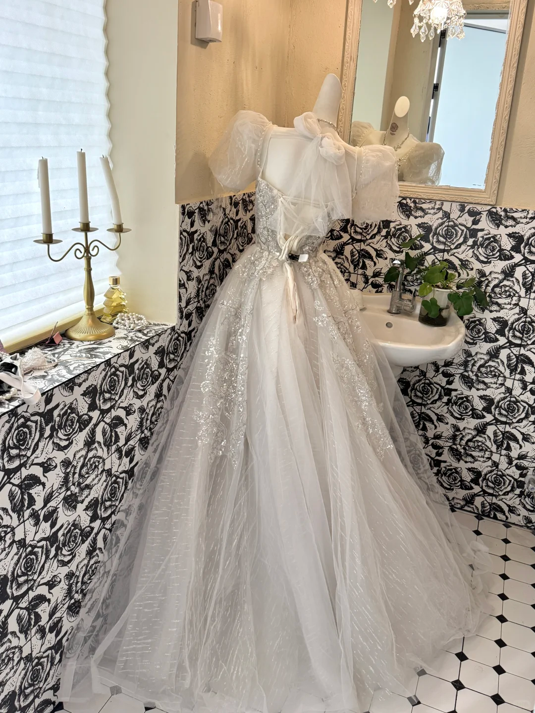 White Puff Sleeve Square Neck Waist-Cinched Full Flared Long Romantic Dress, Wedding Gown gh7678
