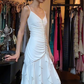 Spaghetti Straps White Evening Gown V Neck Ruched Vertical Rhinestone Ruffle Mermaid Long Prom Dress gh9691