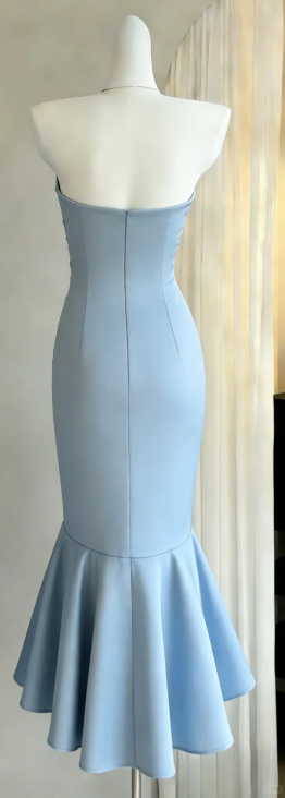 Strapless Light Blue Corset Bodice Evening Gown Beaded Tulle Top Mermaid Midi Formal Dress gh9467