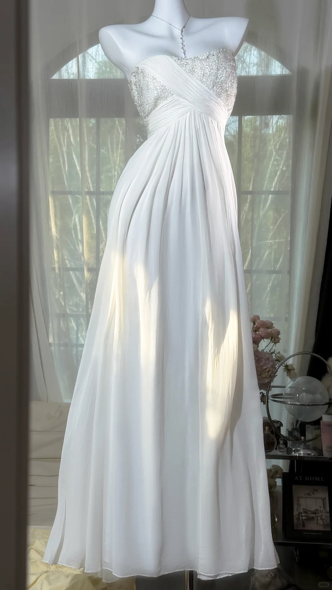 White Strapless Sweetheart Heavy Beaded High Waist Chiffon A-Line Evening Dress, Prom Gown gh9520