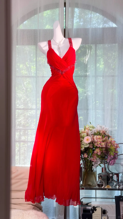 Bright Red Chiffon Long Evening Gown, V Neck Ruched Bodice with Rhinestone Wide Straps, Flowy Maxi Formal Prom Dress gh9493
