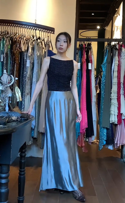 Two Tone Bateau Neck Evening Gown Black Beaded Bodice Metallic Satin Long Skirt Prom Dress gh9676