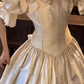 Light Beige Rococo Vintage Wedding Gown, V‑Neck Puff Short Sleeve 3D Fabric Rose Ruffled Satin A‑Line Bridal Dress gh9066