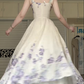 Ivory Purple Iris Print Midi Evening Gown, Square Sweetheart Neck Eyelet Embroidery A‑Line Formal Prom Dress gh8975