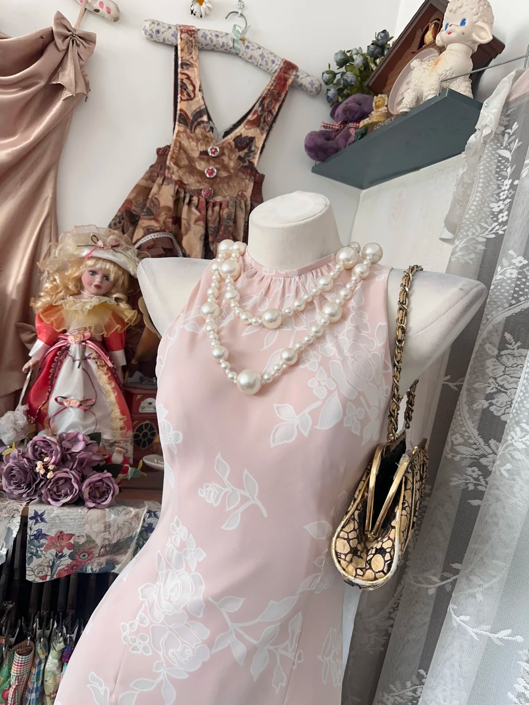 Vintage Blush Pink Sleeveless White Print Fitted Waist Slim Prom & Evening Party Dress gh8488