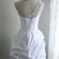 White Short Wedding Dress, One‑Shoulder 3D Ruffle Floral Detail Beaded Bodice Ruched Bubble Skirt Mini Bridal Party Gown gh9102