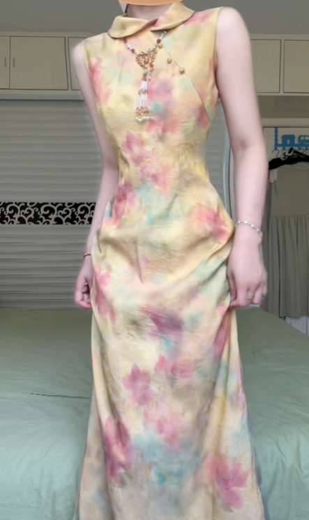 New Chinese Style Sleeveless Modified Qipao Evening Gown, Watercolor Floral Print Stand‑Collar Slit Qipao With Wide‑Leg Underskirt Formal Dress gh8977