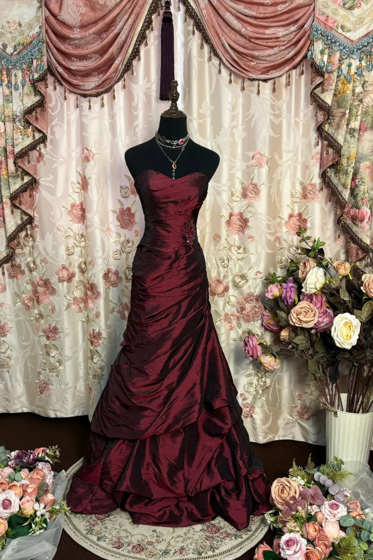 Robe de soirée bordeaux rétro élégante et exquise, à épaules dénudées, sans manches, en satin, longueur au sol, avec strass, gh4210