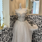 Ivory Strapless Waist-Cinched Gown with Silver Embellishments, Full Flared Long Vintage Romantic Dress, Wedding Gown gh7563
