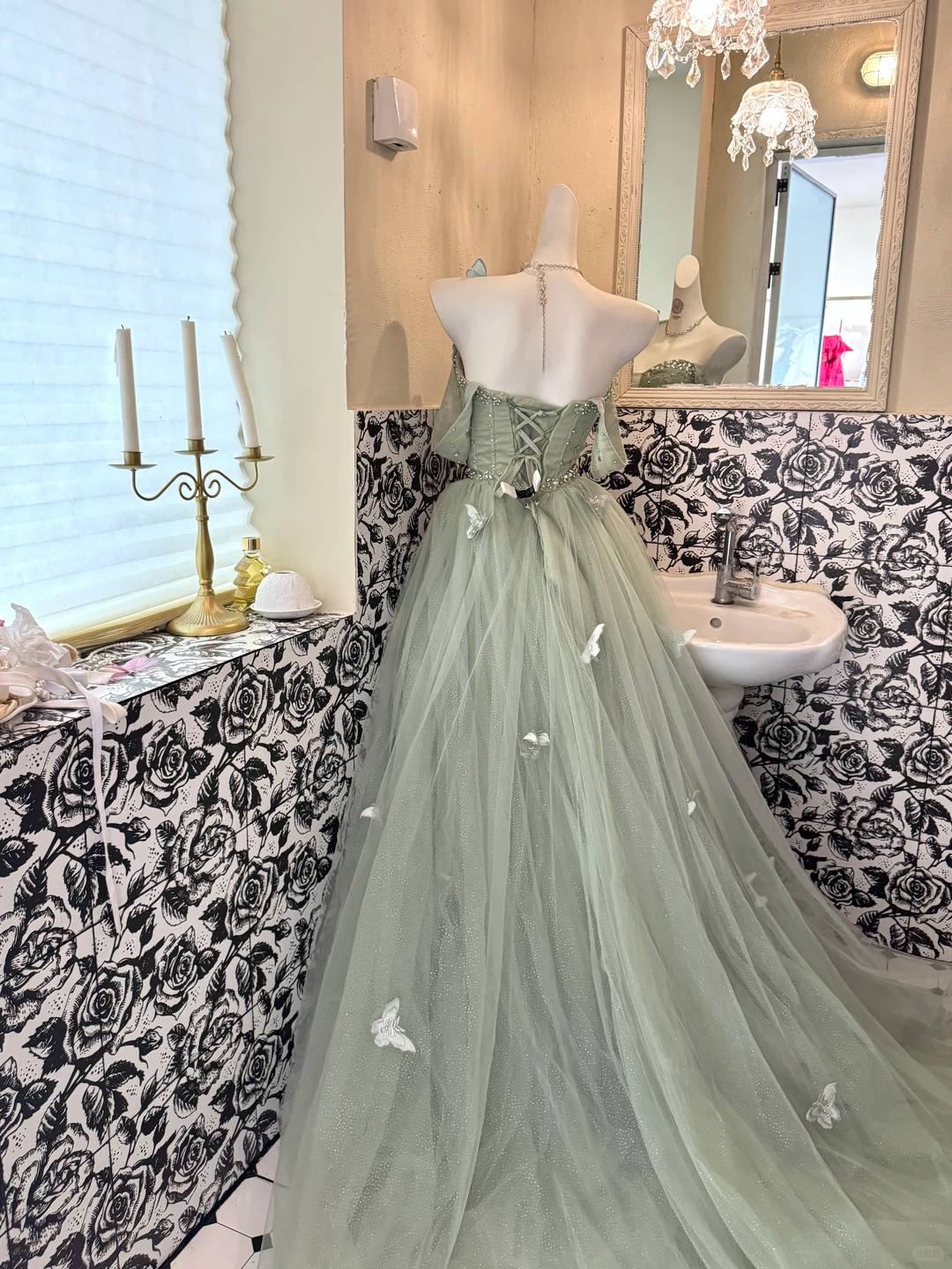 Light Green Strapless Waist-Cinched Full Flared Fairy Vintage Romantic Gown gh7560