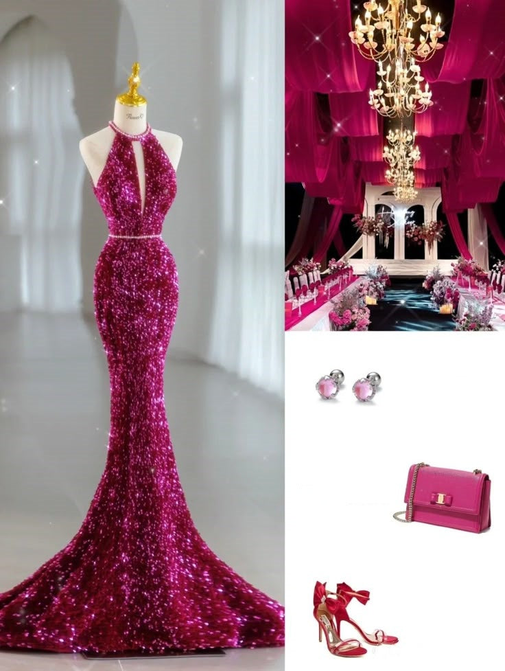 Robe de soirée longue rose magnifique, brillante, exquise, perlée, col licou, sirène, paillettes, longueur au sol, robe de bal, robe de soirée gh3395