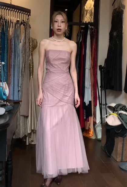 Strapless Dusty Pink Tulle Prom Dress Cross Ruched Bodice Mermaid Formal Evening Gown gh9819