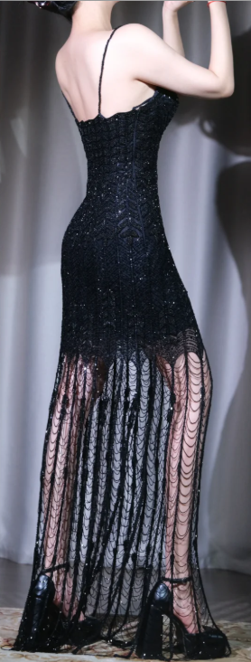 ✨Girlhomeshops-Black Spaghetti Strap Prom Gown Sequin Beaded Long Fringe Bodycon Evening Dress gh10073