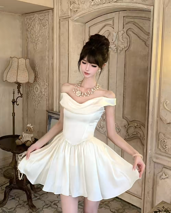 White Satin Off The Shoulder Short Homecoming Dress Draped Neck Mini Prom Gown gh9404
