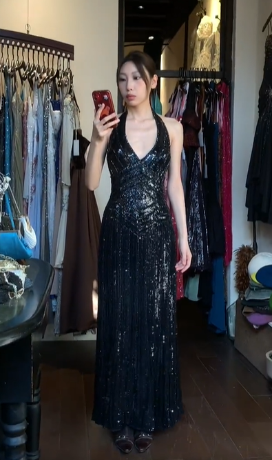 Black Halter Deep V Sequin Pleated Sheath Long Evening Prom Dress gh9772