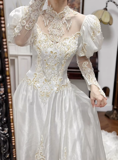 Ivory Vintage Satin Wedding Gown, Mock Two‑Piece High Neck Mesh V‑Neck, Puff Long Sleeves, Gold‑Silver Thread Lace Beaded Appliqués, Fitted Waist, Satin Full Long Skirt, Bridal Prom Dress gh8755