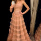 Rosa Neckholder Tüll Mode Elegant A-Linie Tüll Langes Ballkleid Abendkleid Partykleid gh3107