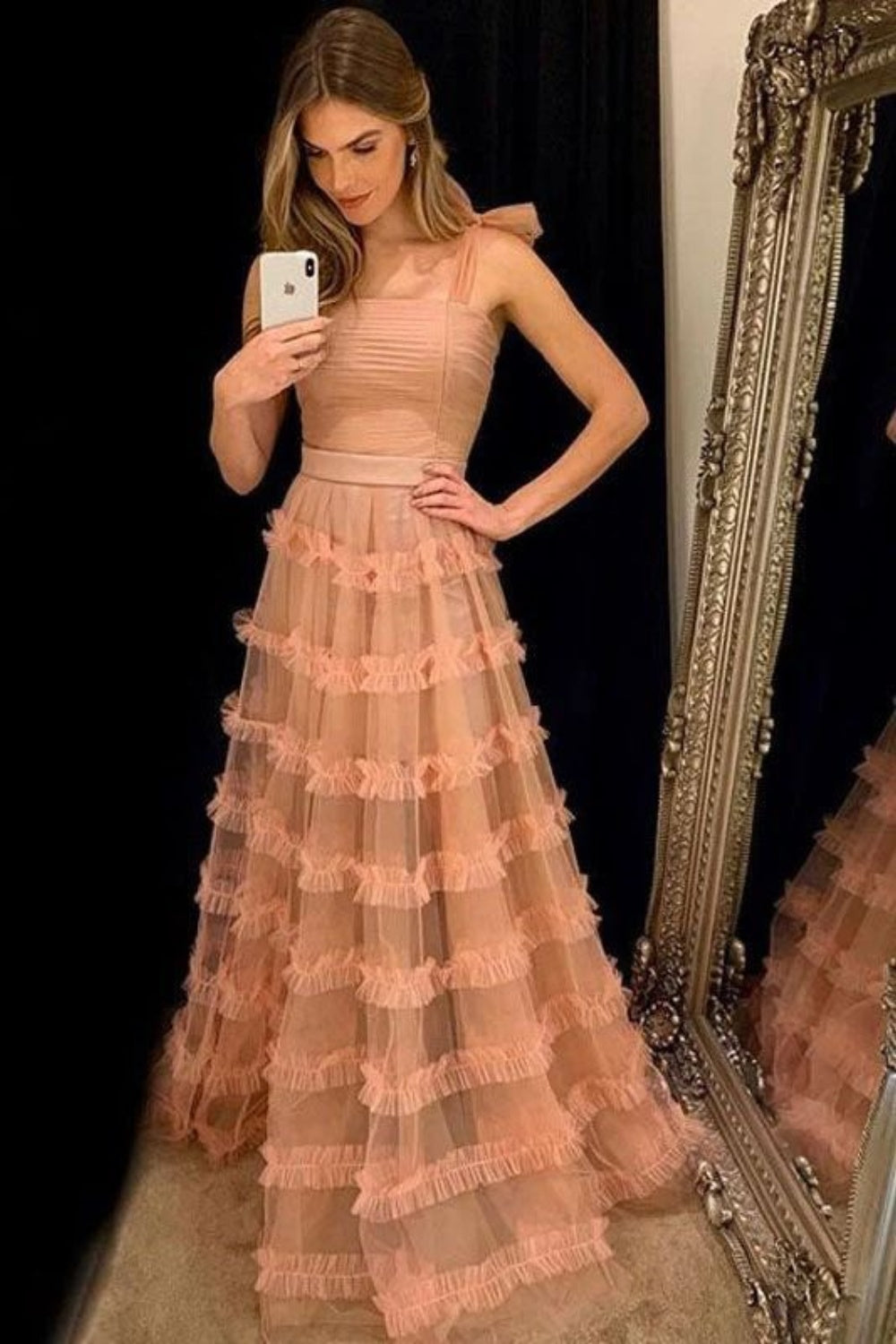 Rosa Neckholder Tüll Mode Elegant A-Linie Tüll Langes Ballkleid Abendkleid Partykleid gh3107