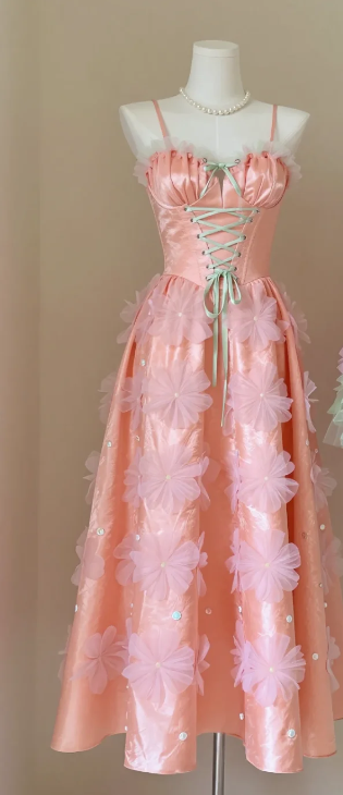 Sweetheart Peach Pink Satin Homecoming Dress Spaghetti Strap Corset Lace Up A-Line Midi Gown with 3D Florals gh9481