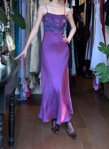 Purple Vintage Mermaid Prom Dress Spaghetti Straps Square Neck Sequin Ruffle Satin Long Evening Gown gh9601