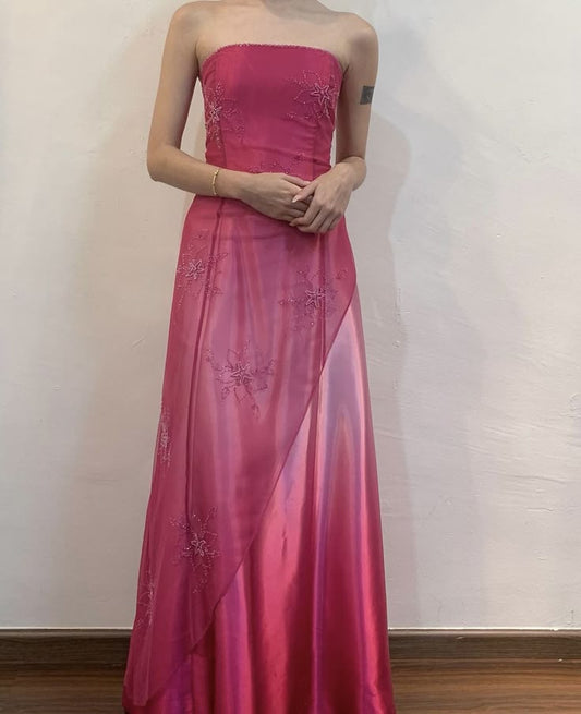 Rosa Mode Farbverlauf Elegant Exquisite Blumen Perlen Lange Tüll Satin Ballkleid Abendkleid Partykleid Ballkleid gh3663