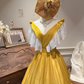 Vintage Yellow V-Neck White Lace Fitted Waist Tiered Cake Skirt Prom & Evening Party Dress gh8495
