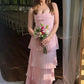 Robe de soirée élégante en mousseline de soie, longue, sans bretelles, jaune crème/rose clair/vert, à volants, robe de bal, robe de demoiselle d'honneur, robe de bal, gh3657
