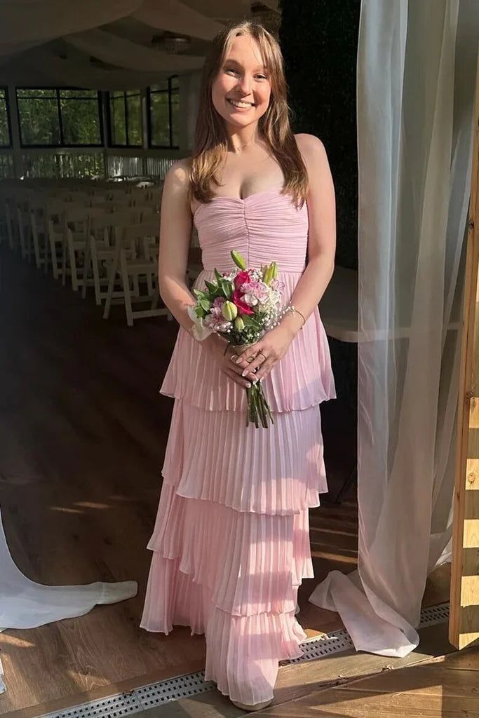 Robe de soirée élégante en mousseline de soie, longue, sans bretelles, jaune crème/rose clair/vert, à volants, robe de bal, robe de demoiselle d'honneur, robe de bal, gh3657