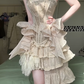 Light Apricot Strapless Corset Evening Gown, Beaded Lace Asymmetrical High‑Low Ruffled Prom Dress gh9040
