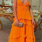 Orange Elegantes Sexy V-Ausschnitt Spaghettiträger Lange Chiffon Rüschen Ballkleid Abendkleid Partykleid gh3321