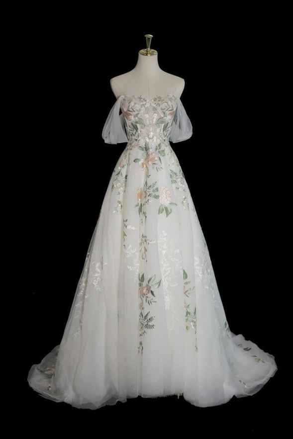 Weißes exquisites Blumen-Mode-Kurzarm-Lang-Tüll-Bodenlänge-Ballkleid, Abendkleid, Partykleid gh3524