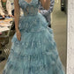 girlhomeshops-Grau/Blau Langes Prinzessinnen-Abschlussballkleid mit glitzernden Pailletten und langem Tüll gh5925