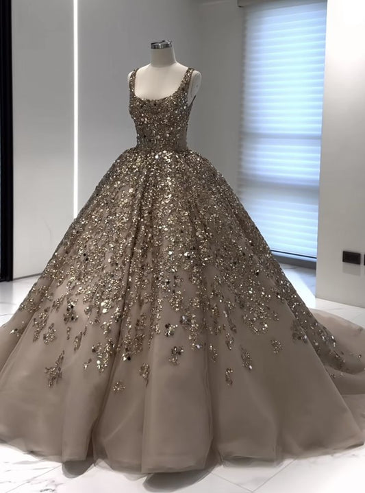 Robe de soirée élégante en tulle rose nude, magnifique, paillettes dorées brillantes, longue, robe de bal, gh3197