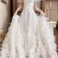White Vintage Tulle Wedding Ball Gown, Tassel Fringe Illusion Round Neck Over Sweetheart Neck, 3D Floral Ruffle Puff Short Sleeves, Heavy Beaded Lace Appliqué Bodice, Voluminous A‑Line Tulle Skirt With Multi‑Layer Ruffle Hem, Prom Dress gh8655