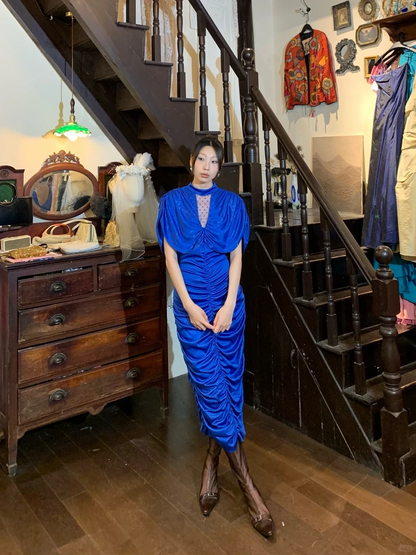 High Neck Royal Blue Ruched Midi Evening Dress, Cape Sleeve Dotted Mesh Cutout Vintage Formal Gown gh9878