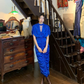 High Neck Royal Blue Ruched Midi Evening Dress, Cape Sleeve Dotted Mesh Cutout Vintage Formal Gown gh9878