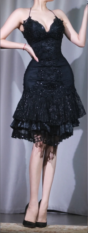✨Girlhomeshops-Black Beaded Lace Spaghetti Strap Evening Dress Tiered Ruffle Sequin Party Gown gh10045
