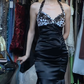 Halter Neck Leopard Print Black Satin Mermaid Evening Gown Ruched Long Prom Dress gh9678