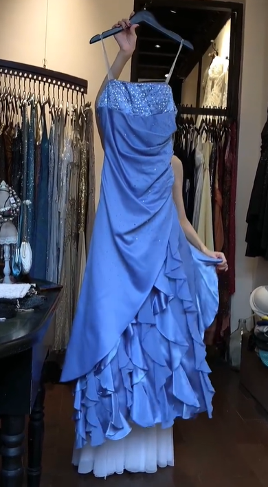 Spaghetti Strap Dusty Blue Prom Dress Beaded Sequin Draped Ruched Tiered Ruffle Satin Formal Gown gh9801