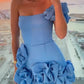 Robe de soirée courte en satin bleu/noir/blanc à fleurs, tenue de fête d'anniversaire gh4852