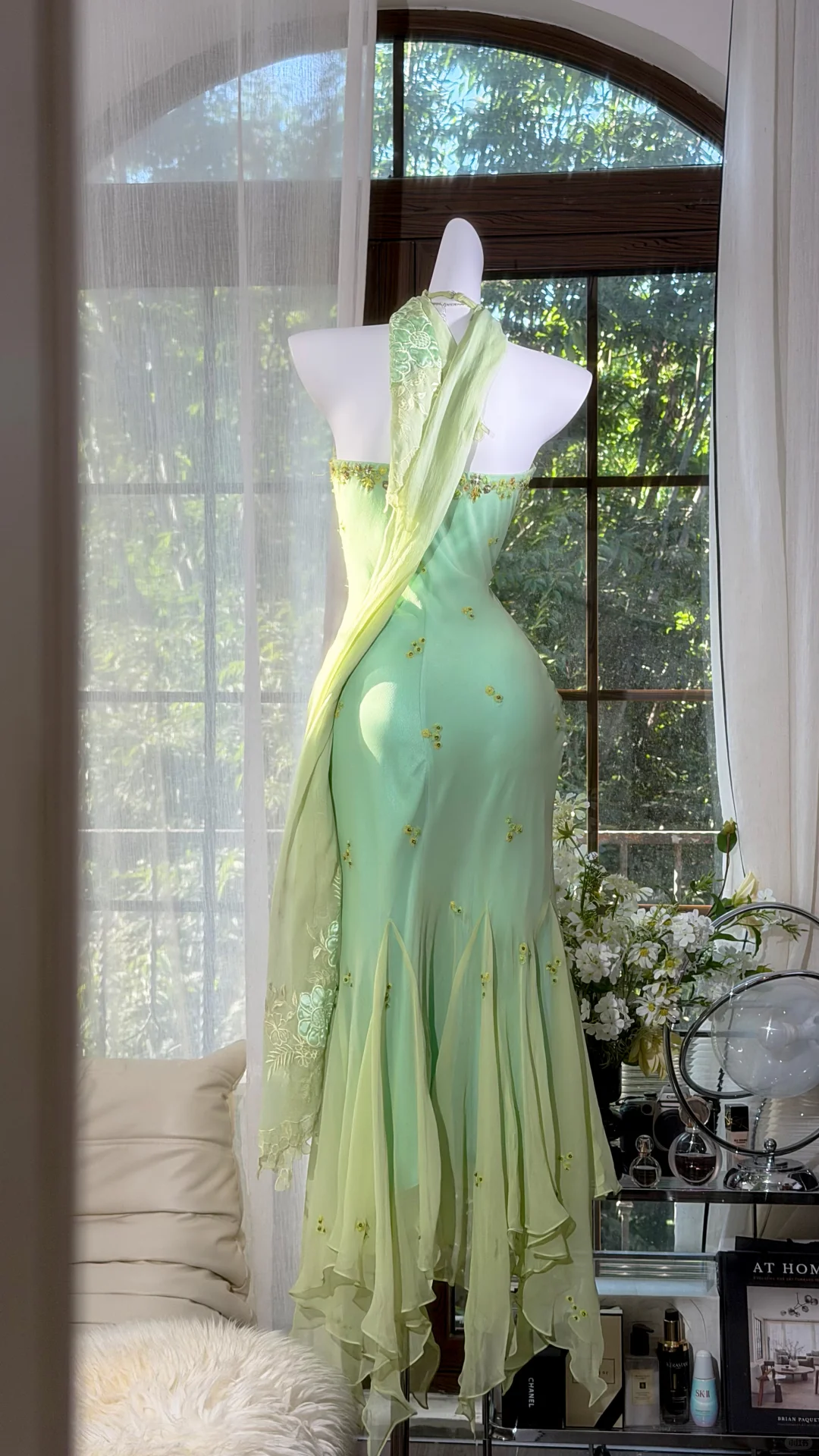Light Mint Green Halter Beaded Irregular Mermaid Evening Dress with Matching Shawl, Prom Gown gh9509